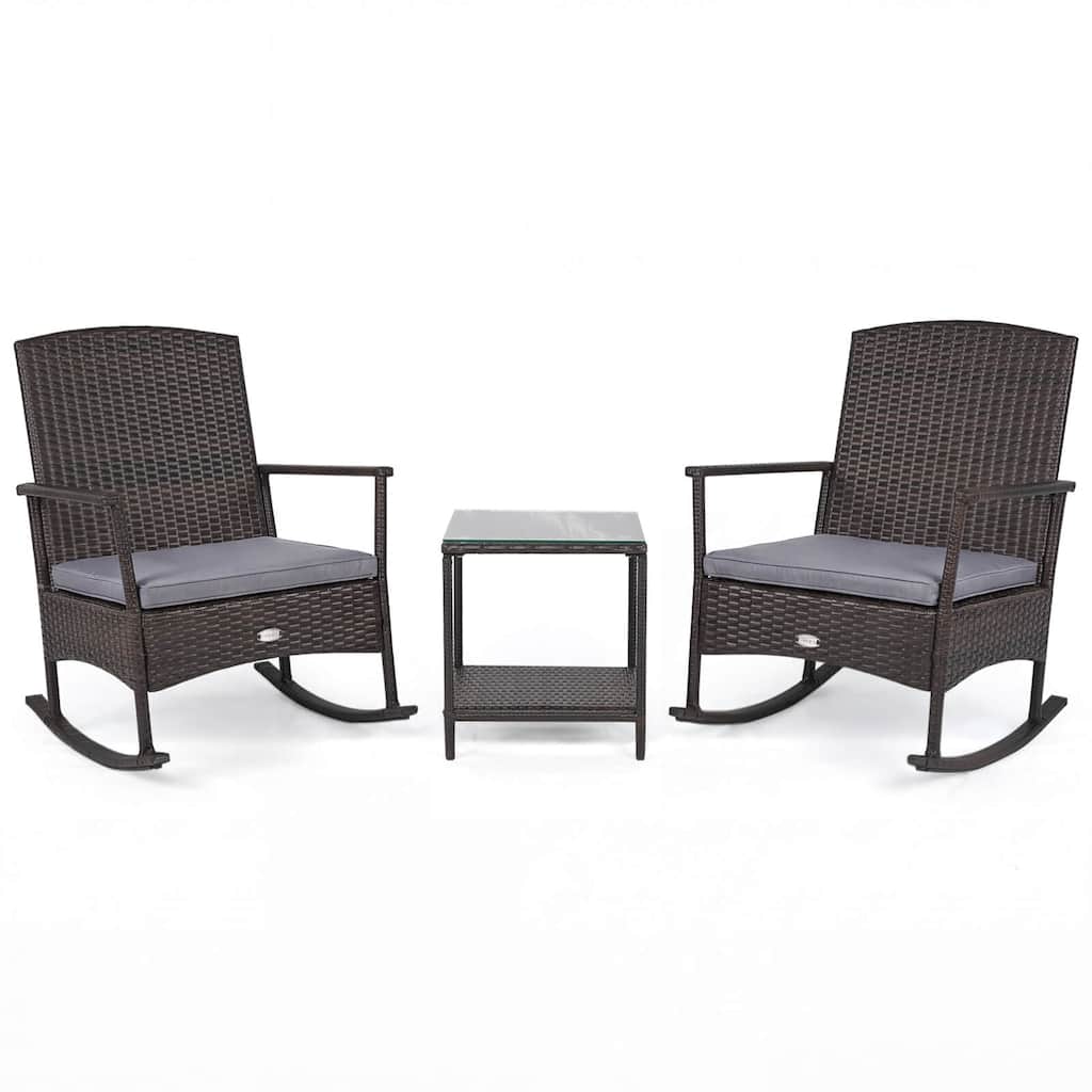 Gymax 3 Piece Patio Rocking Bistro Set 2 Rattan Armchairs w/ 2-Tier