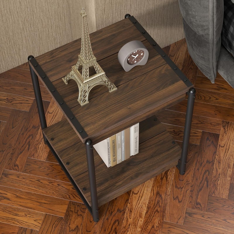 20'' Large Square Farmhouse Grey Wood Storage End Table