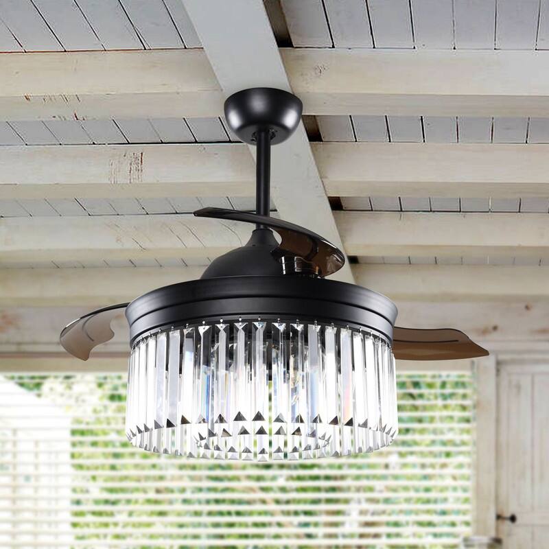 42 Inch Retractable Ceiling Fan Light Black LED Crystal Fan Light with Remote Control