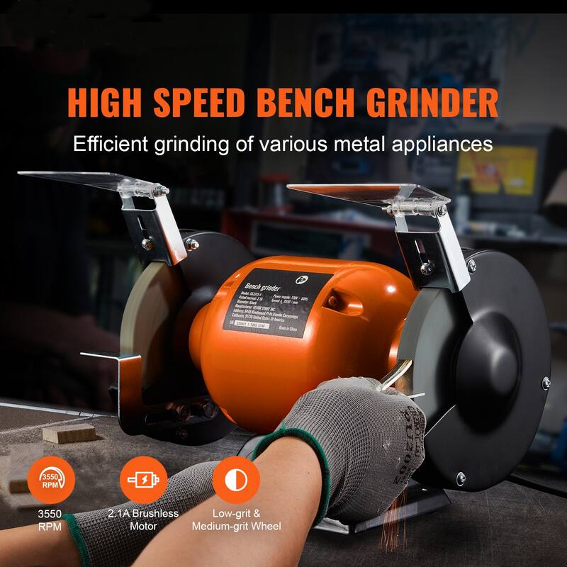 Bench Grinder, 6 inch Single Speed Bench Grinder with 2.1A Brushless Motor 3550 RPM Table Grinder - 6 inch