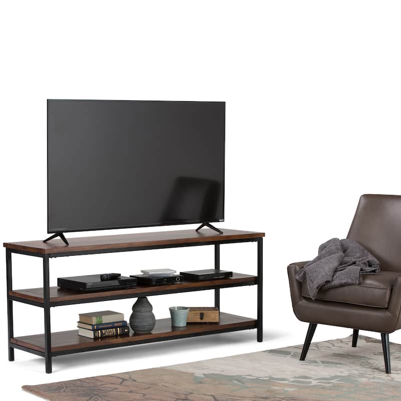 WYNDENHALL Rhonda SOLID MANGO WOOD 60 inch Wide Industrial TV Media Stand For TVs up to 65 inches - 60"w x 18"d x 26" h - Dark Cognac Brown