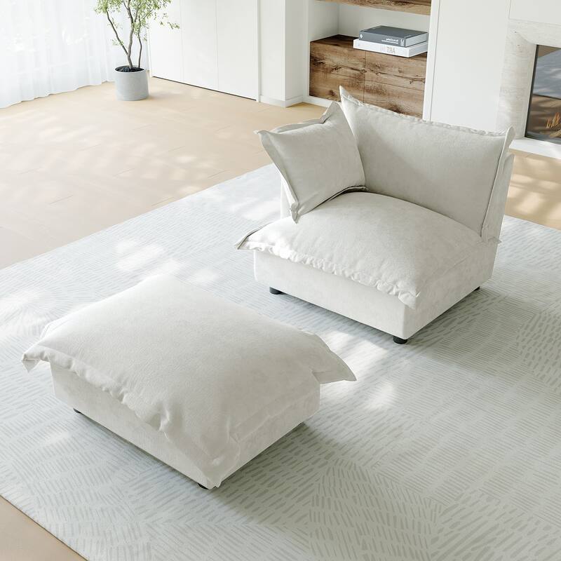 Casual 40"W Oversized Soft Comfy Cloud Chenille Chaise Lounge with Ottoman - Left Facing - Beige