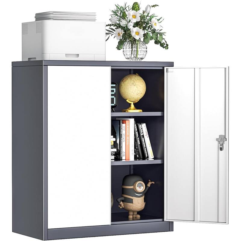 36 inch Metal Office File Storage Cabinet Locker with Locking Doors and Adjustable Shelves for Home Office, Garage, Pantry - Grey White