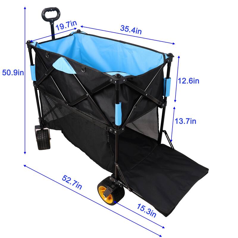 Extra-Long Large Capacity Folding Wagon Cart - Extended Garden & Beach Hauler, Black & Blue