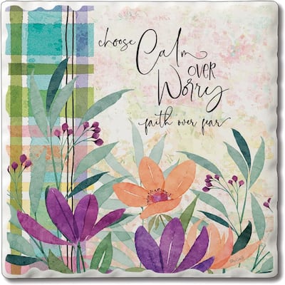 CounterArt Calm Over Worry Absorbent Stone Tumbled Tile Coaster Set of 4 Made in The USA Protective Cork Backing