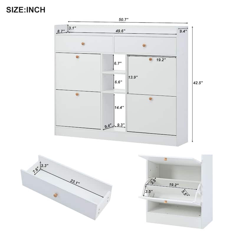 Large Flip Down Shoe Cabinet with Drawers, 2-Tier Wood Shoe Storage Organizer, Entryway Free Standing Narrow Shoe Rack