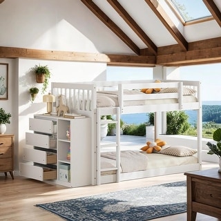Luxury Twin over Twin Bunk Bed with 4 Drawers, 3 Shelves and Built-in Ladder for Maximized Space