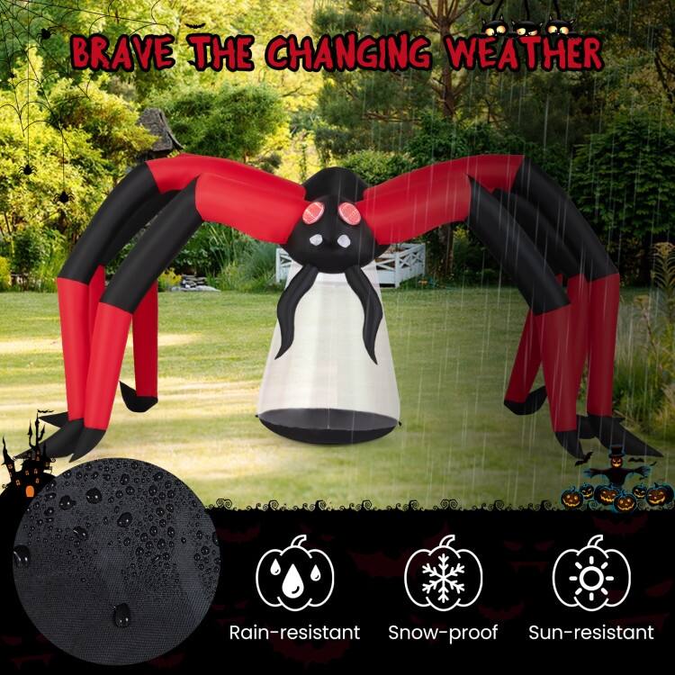 Black-Red Polyester Giant Inflatable Halloween Spider with LED Eyes and 10ft Wide - 123" x 51.5" x 59"
