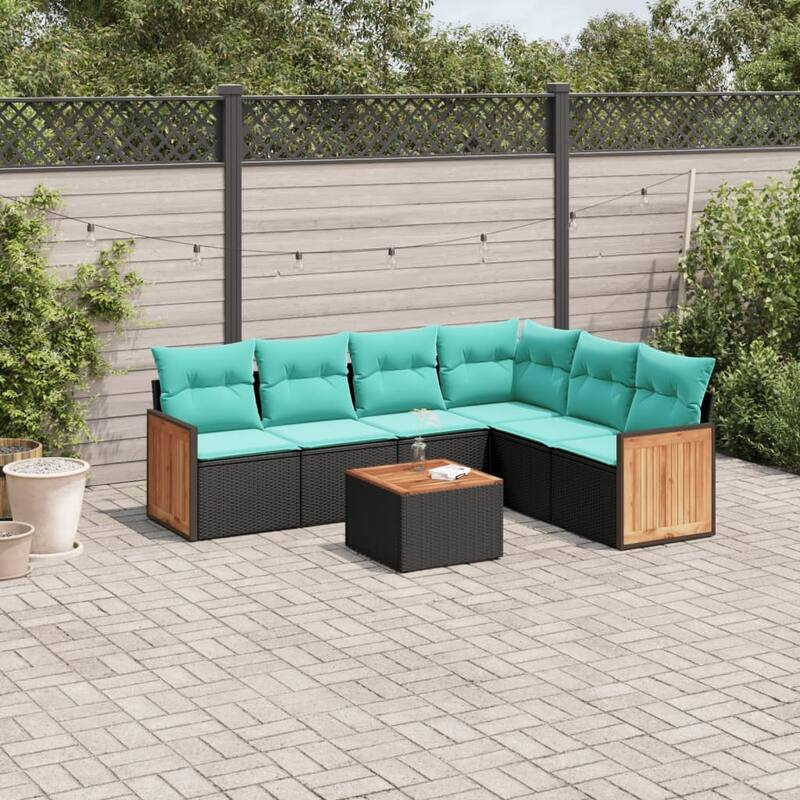 vidaXL 6 Piece Patio Sofa Set with Cushions Black Poly Rattan - 21.7x27.2x24.4-With table