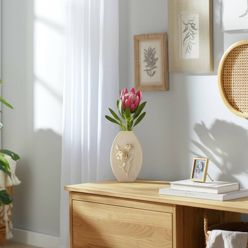 Ceramic Earthenware Textured Vase with Tapered Rim and Organic Pattern - 10" x 5" x 15"