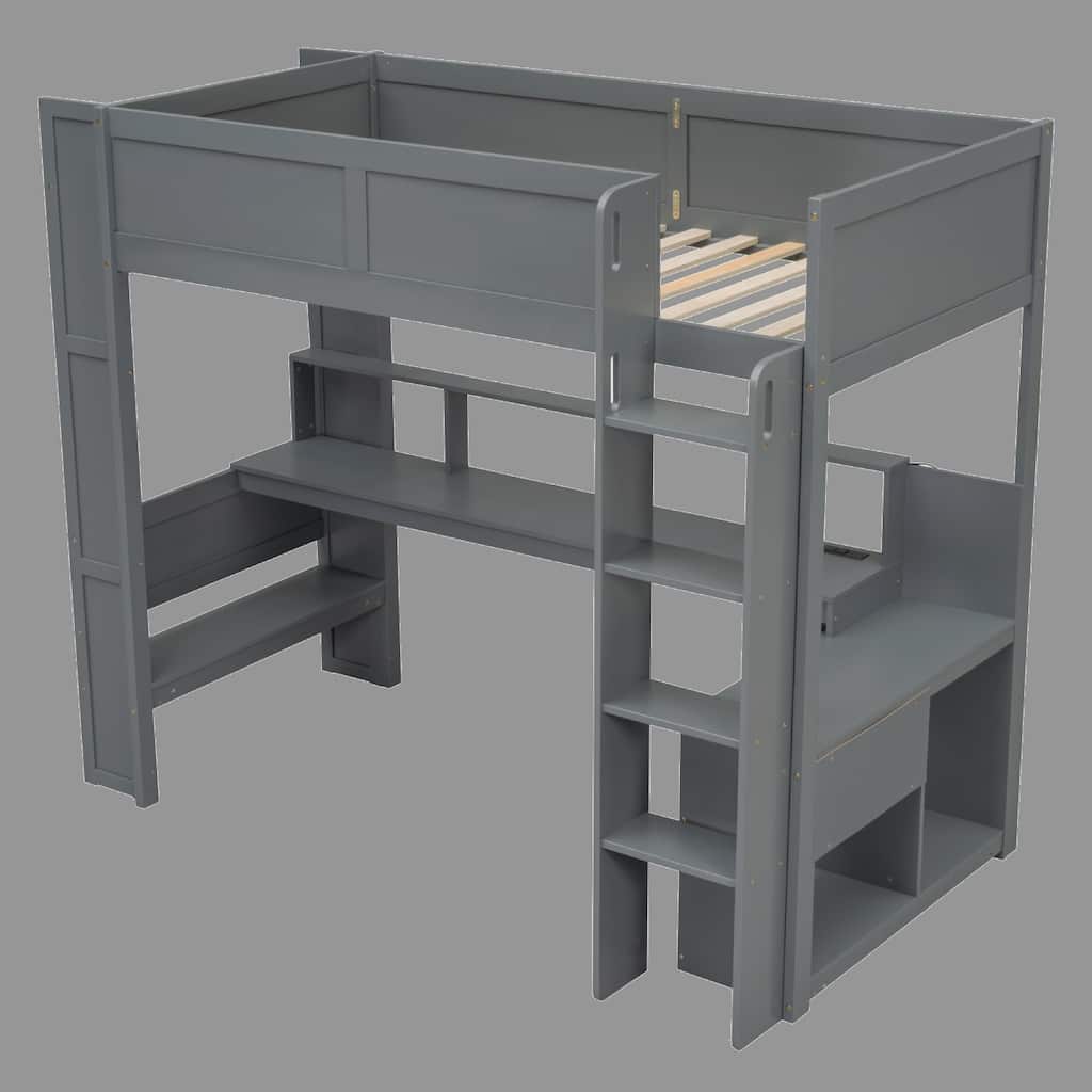 Multifunctional Wood Loft Bed with Desk, LED Lighting, Charging Station, and Storage for Twin/Full Size