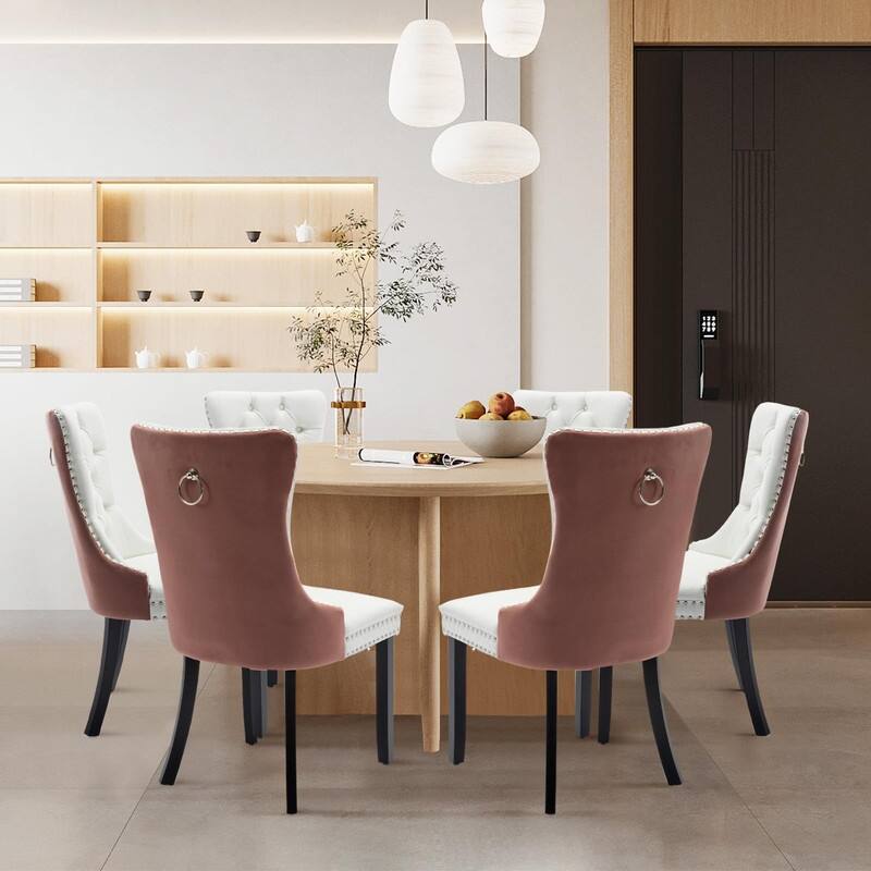 Tufted Naliheads Solid Wood Upholstered Dining Chairs Set of 6 - WhiteBrown BlackLegs