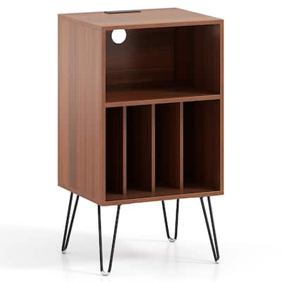 Rustic Walnut Record Player Stand with Vinyl Storage Cabinet and Charging Station Turntable Table Holds Up to 150 Albums
