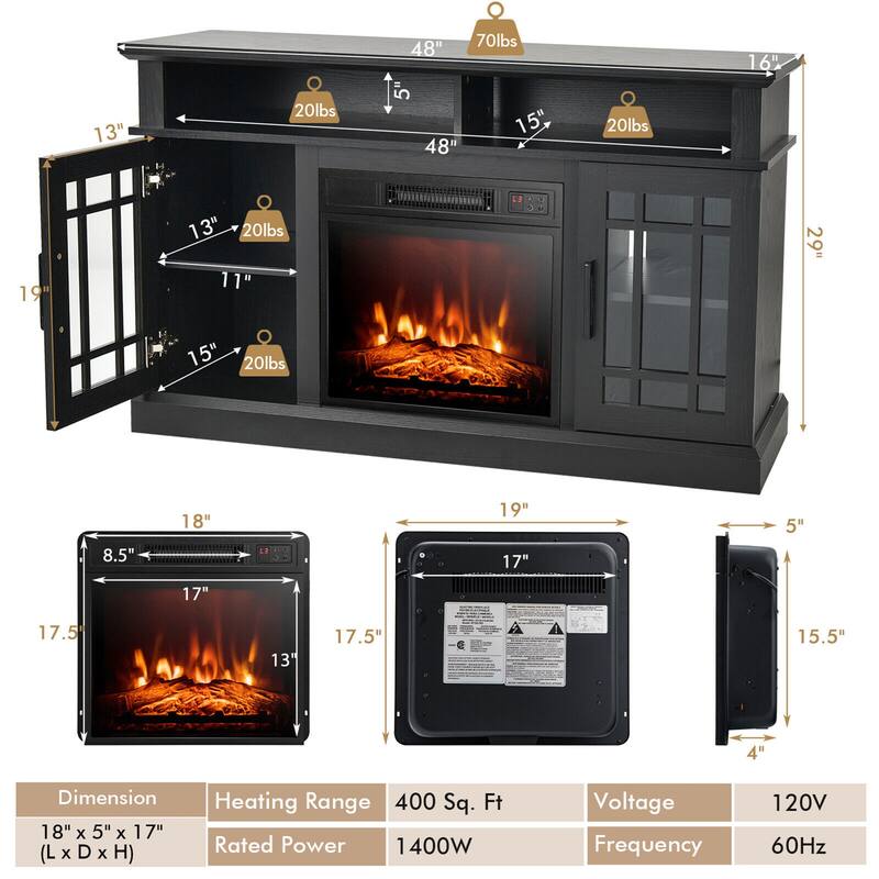 Gymax 48" TV Stand Console Cabinet w/ Fireplace Entertainment Center - 48'' x 16'' x 30''