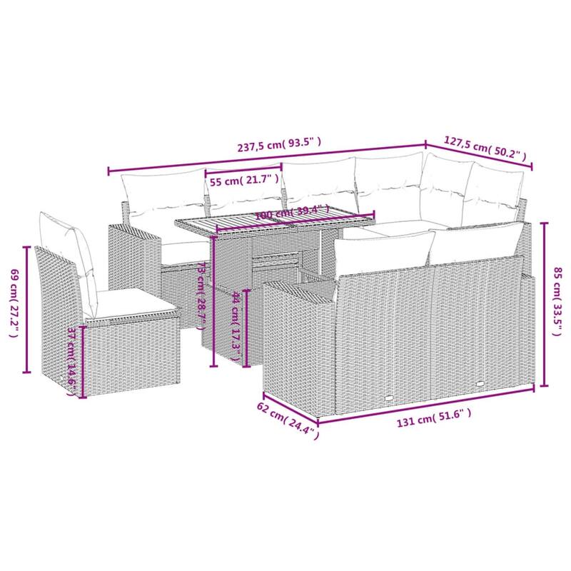 vidaXL Patio Sofa Set with Cushions Outdoor Furniture 9 Piece Poly Rattan - 24.4 x 24.4 x 27.2