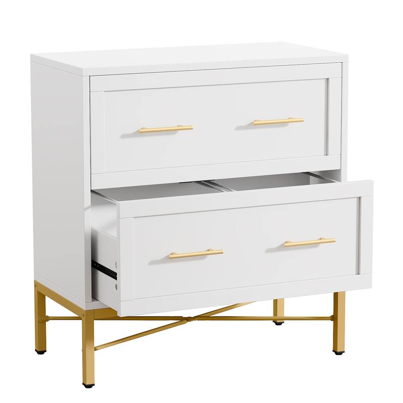 31.49-Inches Modern White & Gold 2-Drawer Lateral File Cabinet, Wood Filing Storage Cabinet