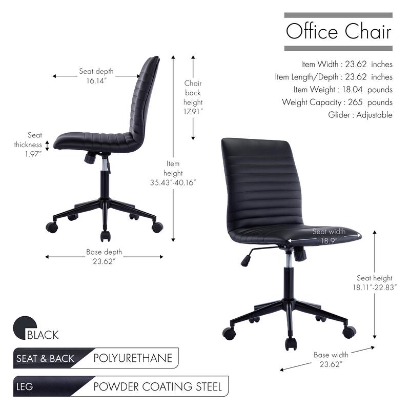 Porthos Home Bron Faux Leather Armless Office Chair with Steel Roller Base, Tilt Mechanism