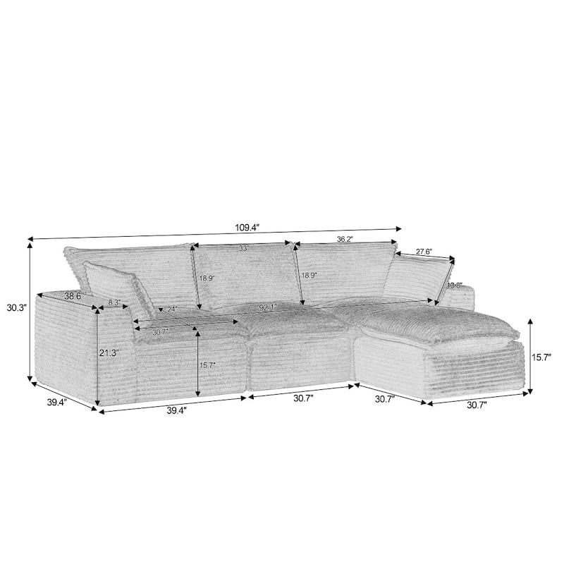 109.4" L-Shaped Cloud Sectional Sofa with Ottoman, No Assembly Required