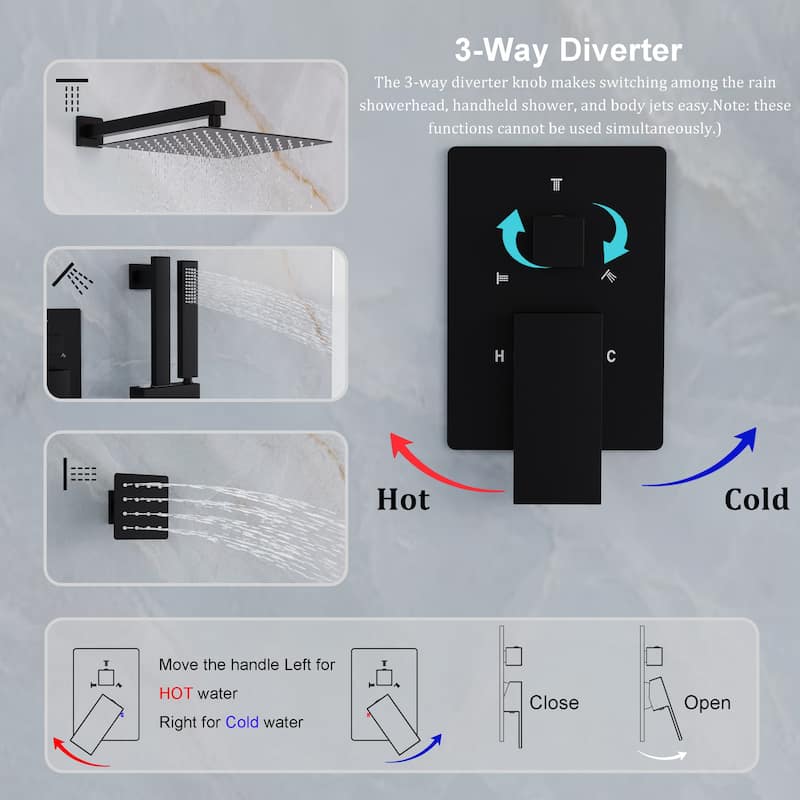 3-Function Shower System With 12" Ultra-Thin Square Shower Head,Body Jets And Hand Shower(Valve Included)