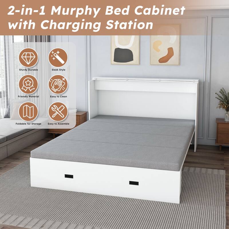 57" Murphy Bed with Storage Drawers & Charging Cabinet - Folding, Wheeled & Noise-Free for Guest Room, Living Room, Office