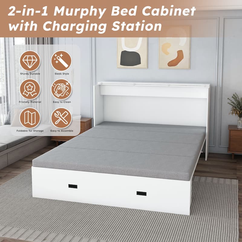 Hidden Folding Murphy Bed with Storage Drawers/Charging Station/Foldable Mattress/Full Size Mobile Cabinet Bed Frame/Noise-free