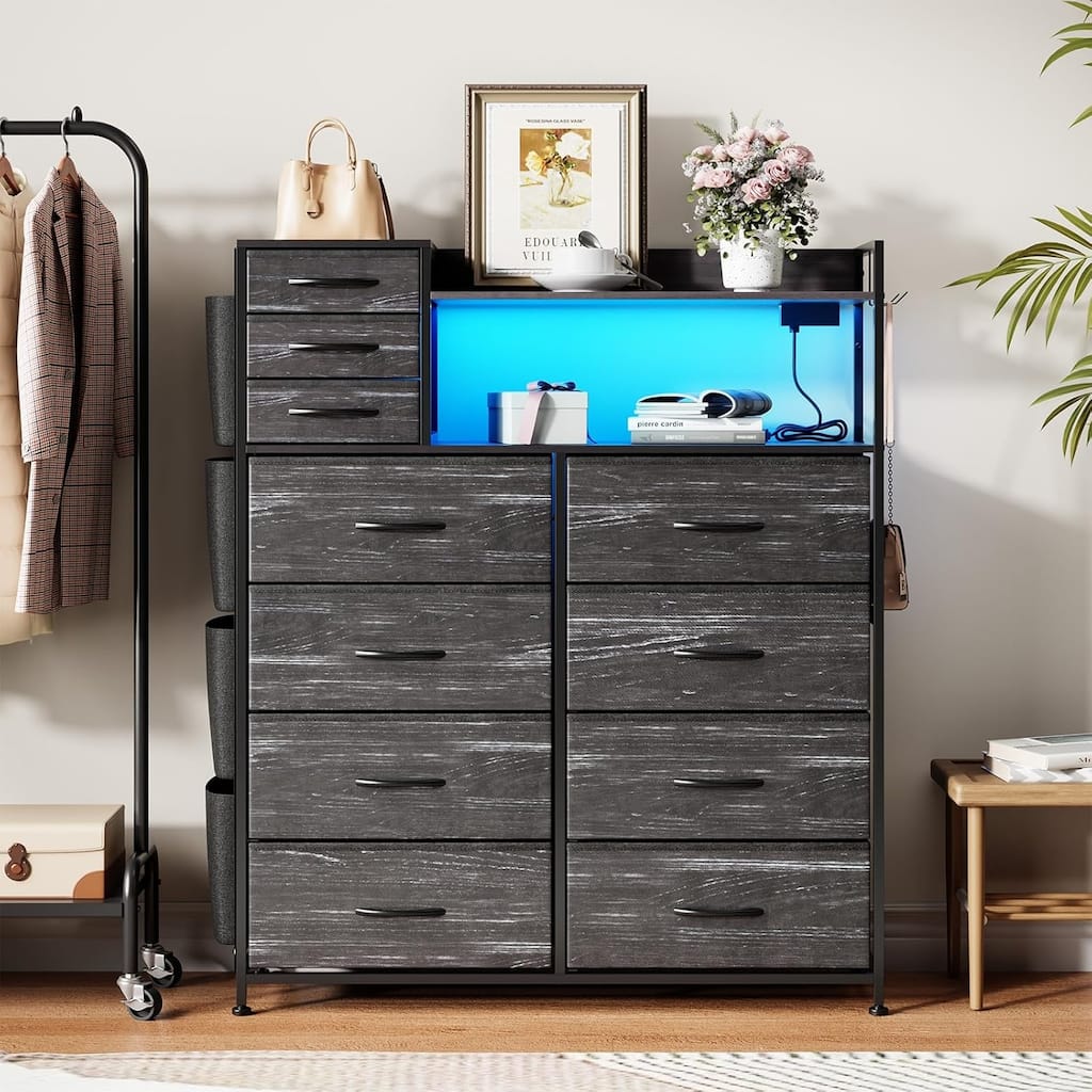 Dresser with 8+3 Fabric Drawers, 4 Side Pockets, Charging Station & LED Lights, Hooks, Shelves