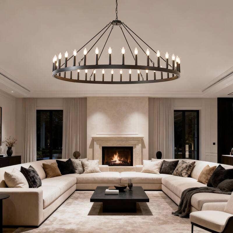 59.1INCH 36-Light Extra Large Wagon Wheel Chandelier, Black Farmhouse Round Wheel Chandelier Light E12