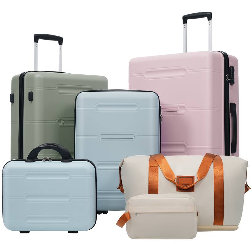 6 Piece Luggage Set, with Double Spinner Wheels Handle Password Lock, 14 IN Cosmetic Case 20/24/28 IN Luggages with Bag