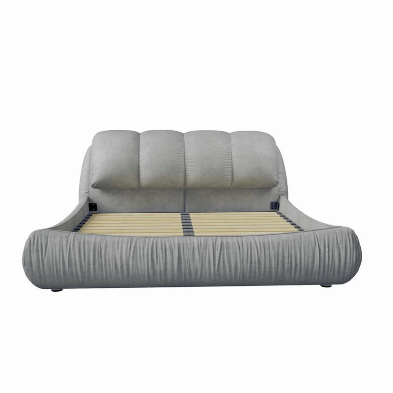 Queen Size Upholstered Platform Bed with Cushioned Headboard - Sturdy Solid Wood Frame.