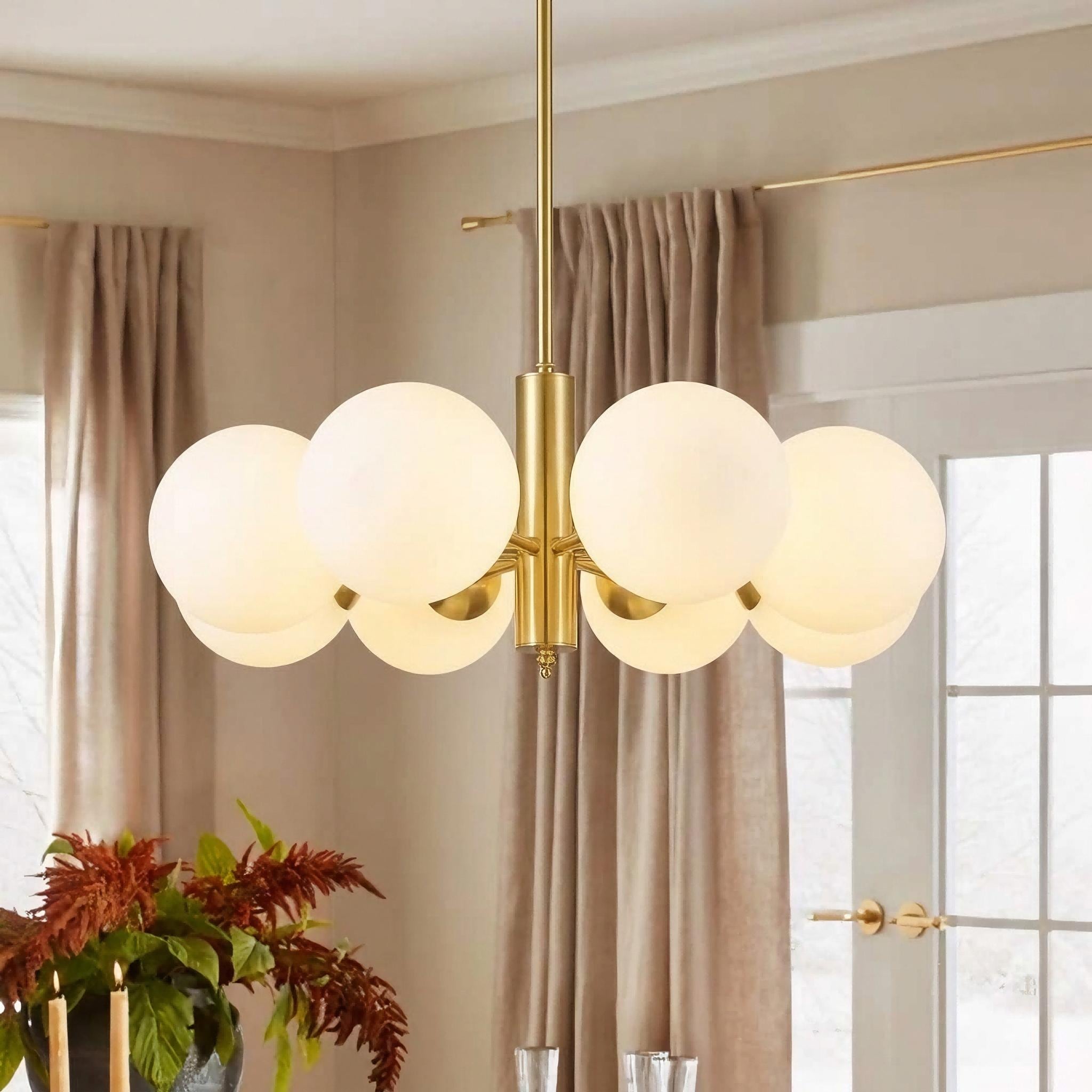 8-Light Mid-Century Modern Sputnik Cluster Opal Glass Globe Adjustable Chandelier in Brass Finish for Bedroom