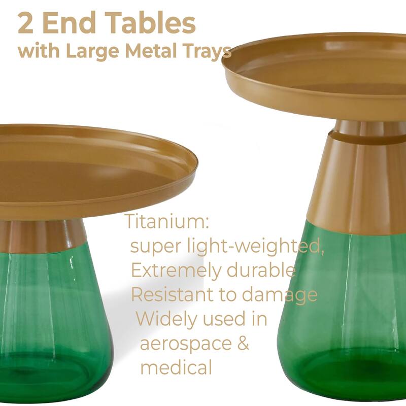 Gold Titanium Coffee Table Set of Two with Glass Base Modern Accent - 24x17 19x20