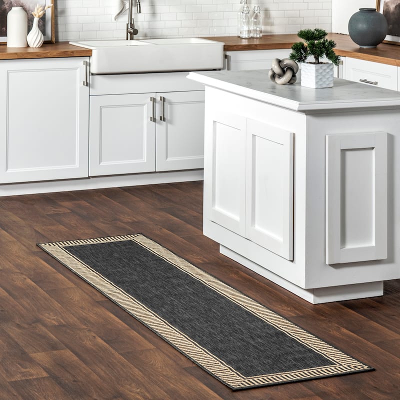 Nuloom Leah Classic Bordered Indoor/Outdoor Area Rug - 2' x 8' Runner - Dark Grey