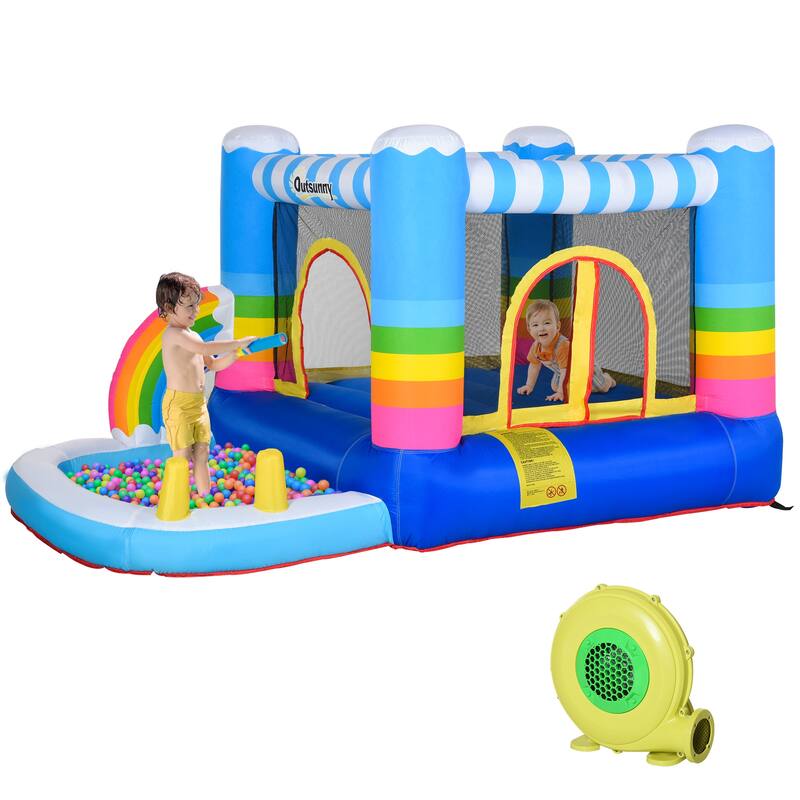 Outsunny Inflatable Bounce House for Kids 2-in-1 Jumping Castle for Indoor Outdoor Party with Trampoline, Pool, Carry Bag - Multi