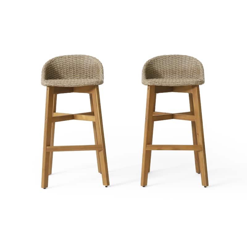 Cayuga Wicker and Acacia Wood Outdoor Barstools by Christopher Knight Home