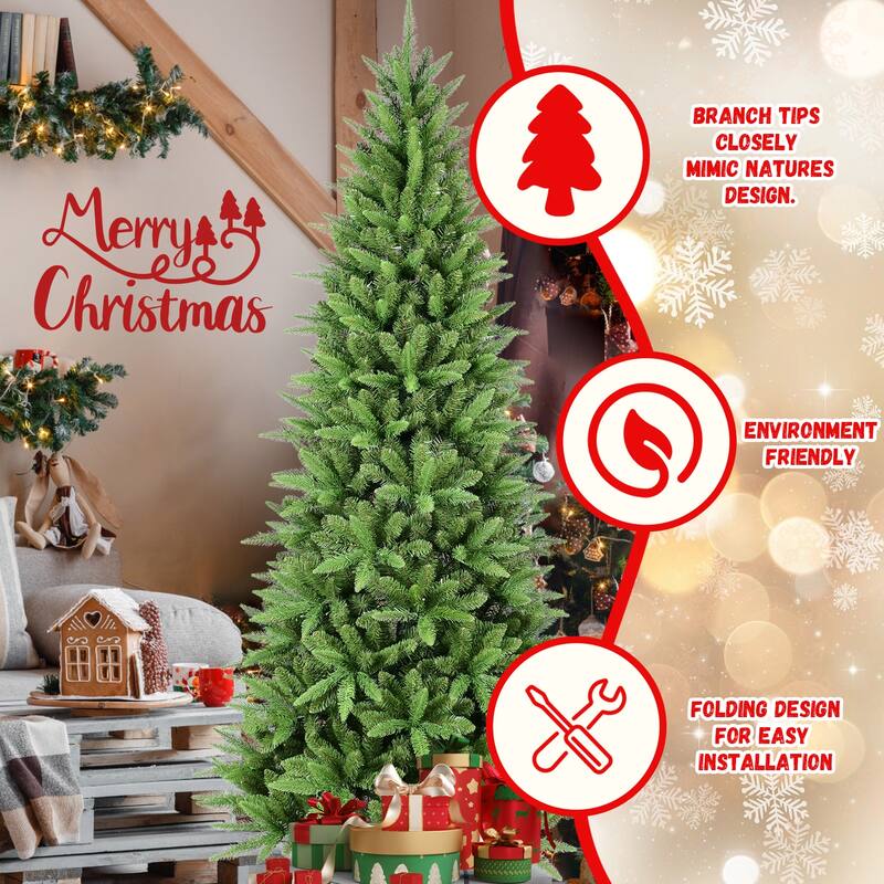 Slim Artificial Christmas Tree - PE+PVC Branches, Hinged Design, Metal Stand, Small Spaces - Green