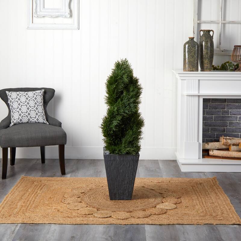 4ft Cypress Double Spiral Topiary Artificial Tree in Slate Planter with UV Resistant Foliage for Entryway or Office