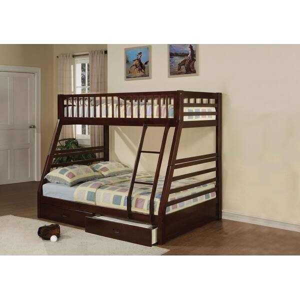 slide 2 of 8, Espresso Twin over Full Solid Wood Bunk Bed with Ladder for Kids, Boys and Girls, Bedroom Espresso