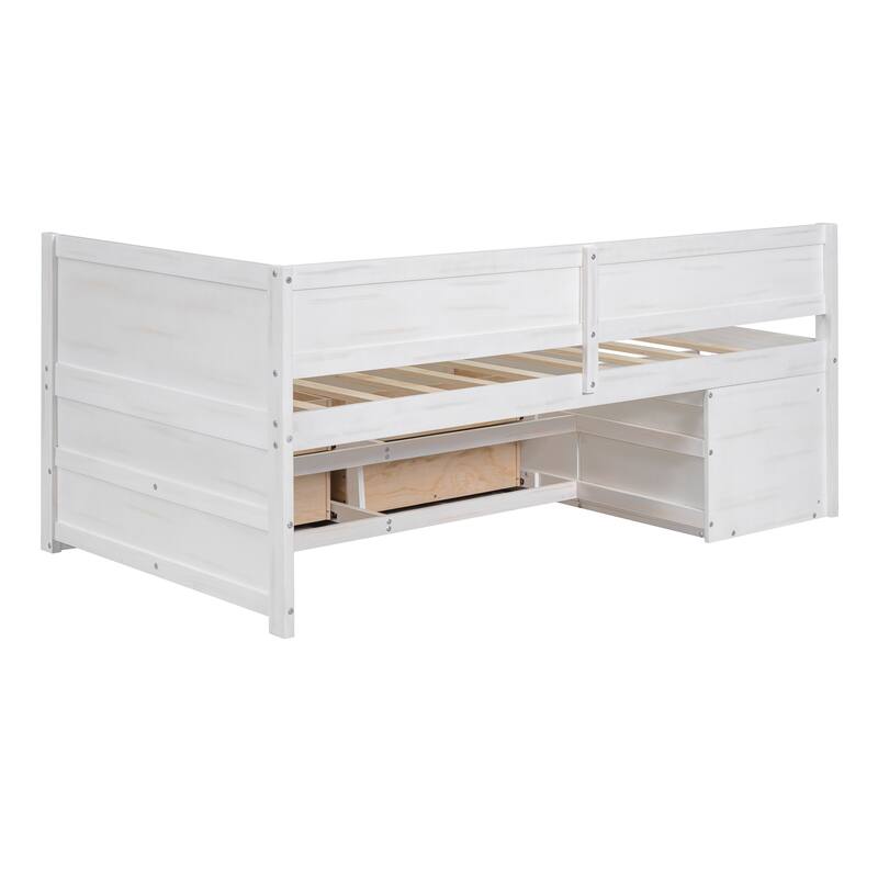 Twin/Full Size Daybed with 4 Storage Drawers and Shelves, Wooden Platform Bed Frame Corner Bed with L-Shaped Headboard and Slats