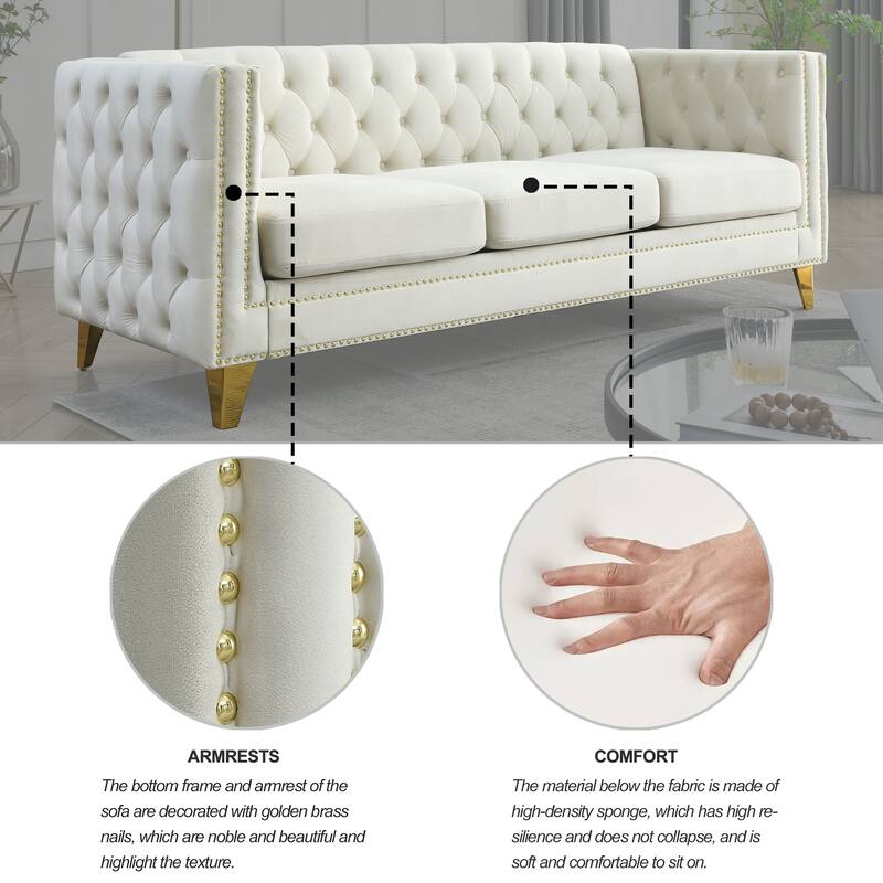 Modern Velvet Sofa Couch Upholstered Button and Metal Legs