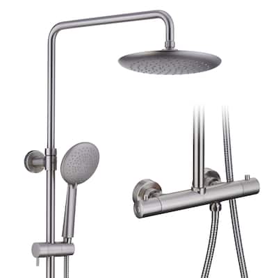 5-Spray Patterns Thermostatic Rain Shower Faucet Wall Mount Dual Shower Heads and Handheld Shower Head - 9.5" x 9.5"