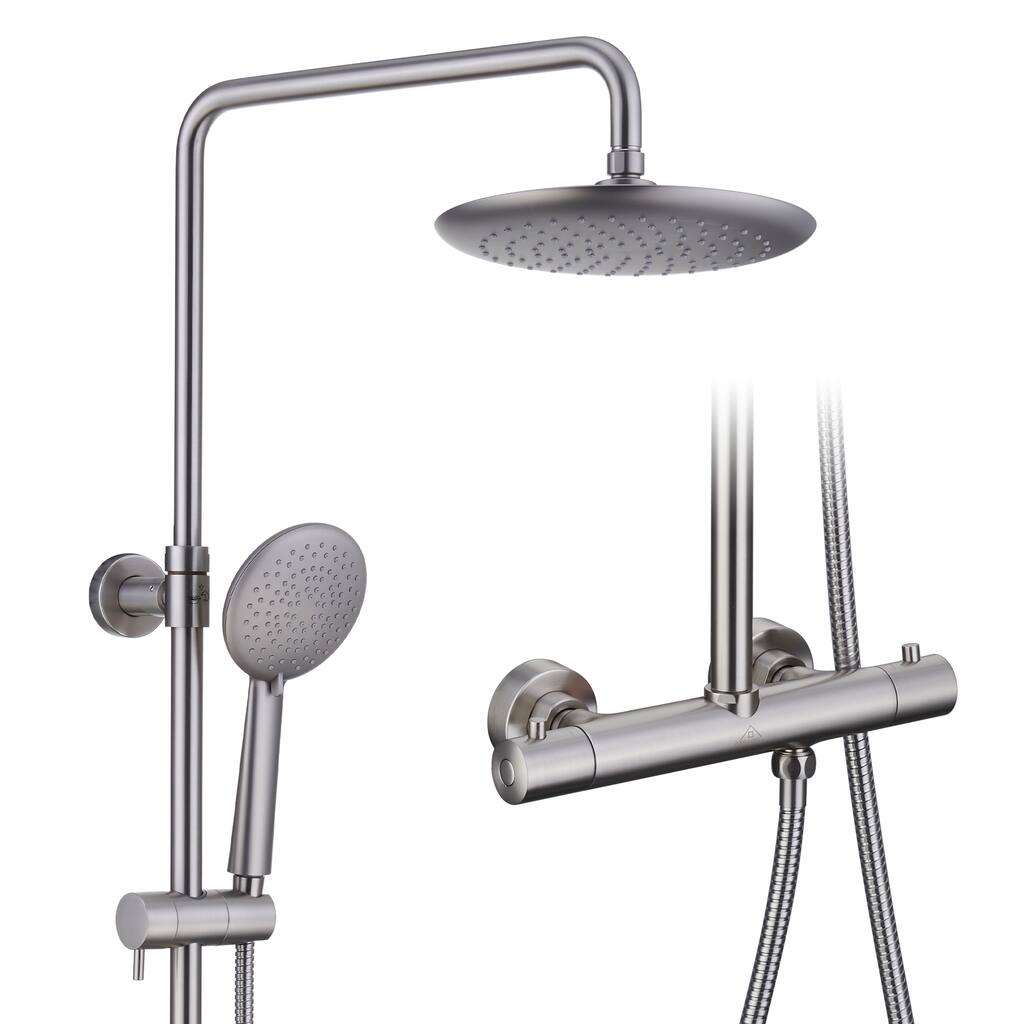 5-Spray Patterns Thermostatic Rain Shower Faucet Wall Mount Dual Shower Heads and Handheld Shower Head - 9.5" x 9.5"