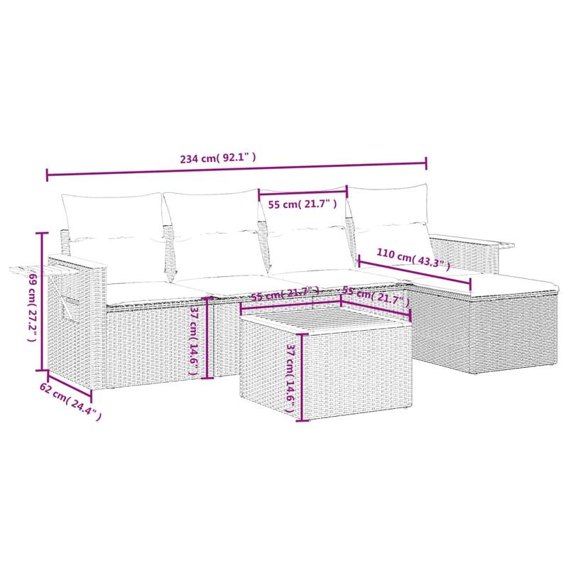 vidaXL 6 Piece Patio Sofa Set with Cushions Black Poly Rattan (US only) - 21.7 x 21.7 x 14.6