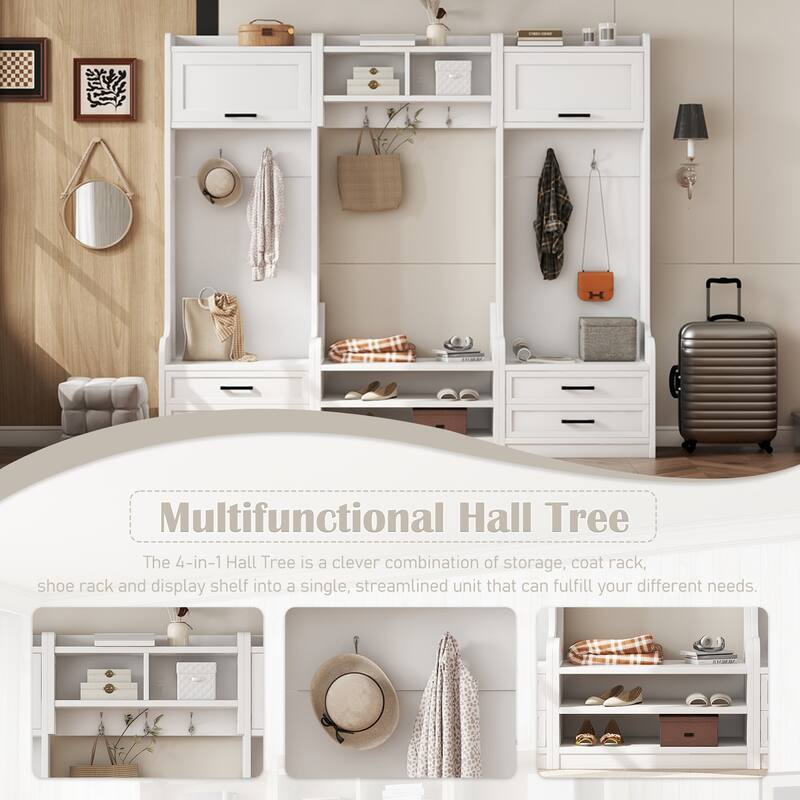 4-in-1 Detachable Hall Tree with Storage, 7 Hooks, Coat Rack, Drawers & Cabinet, Black Shoe Bench for Entryway Hallway