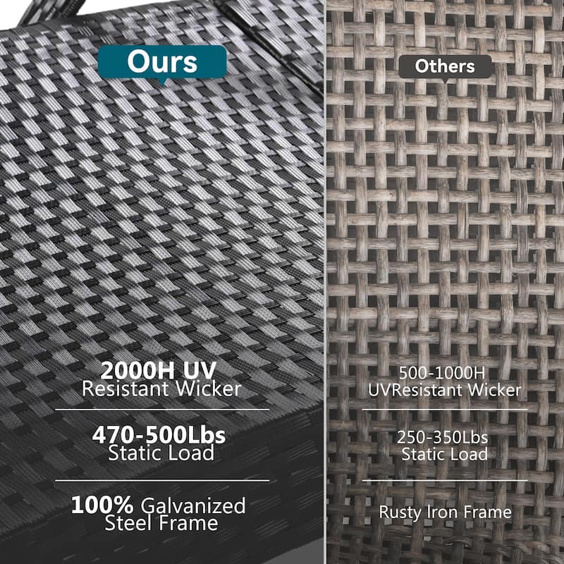 2 Pcs Outdoor Curved Wicker Chaise Lounge Chair, Reclining Chairs with Pull-Out Side Table & Adjustable Backrest