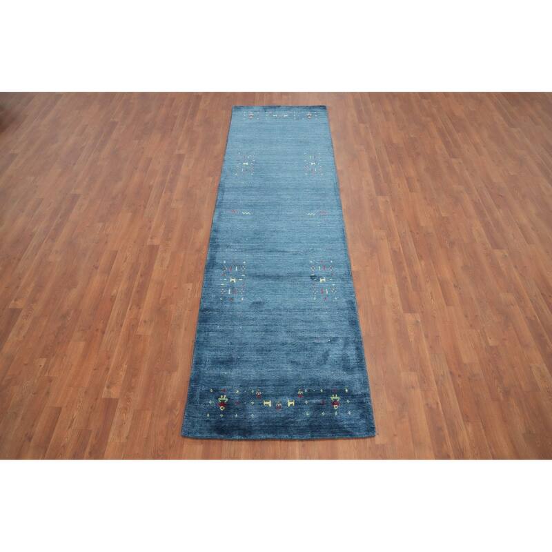 Hand Knotted Oriental Viscose Silk Carpet Tribal Animal Pictorial Navy Blue & Blues Gabbeh Runner Rug - 9' 8'' X 2' 10''