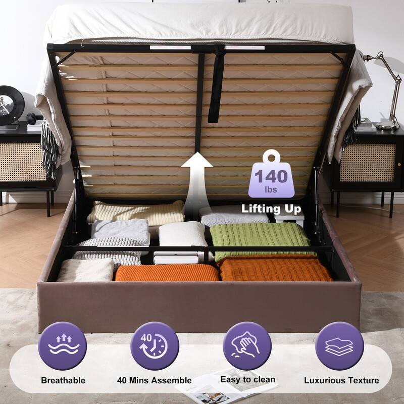 Upholstered Platform Bed With Charging Station & LED Lights