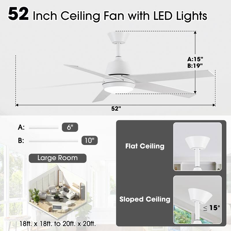 Vaczon 52-inch Modern Plywood 5-blade White Smart Ceiling Fan with Light and APP