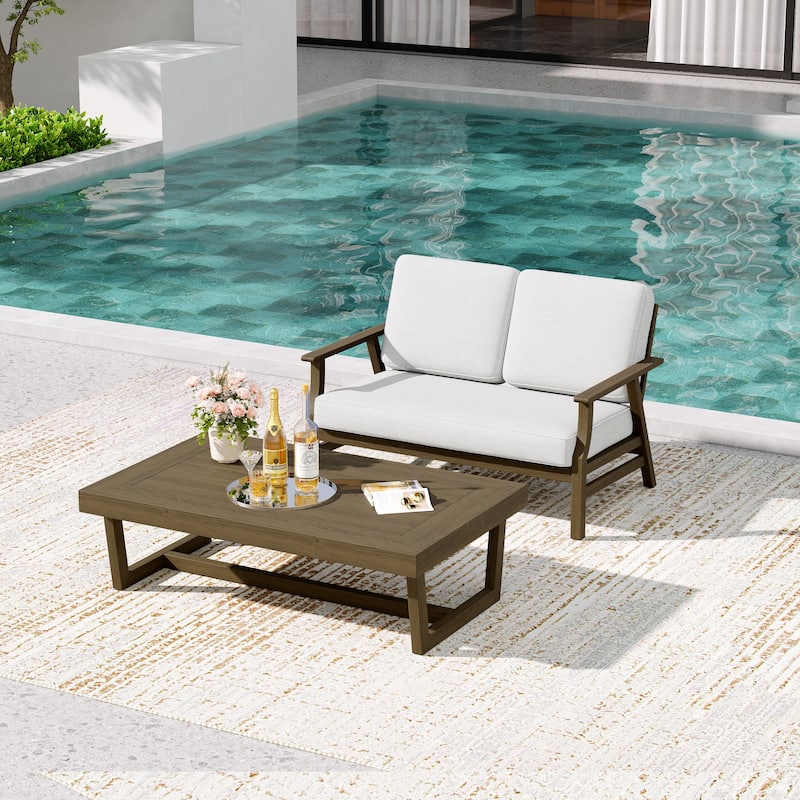 2-Piece Teak Outdoor Loveseat Set with Table.