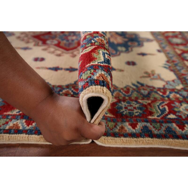 Ivory Geometric Kazak Accent Rug Handmade Wool Carpet - 3'4" x 4'10"