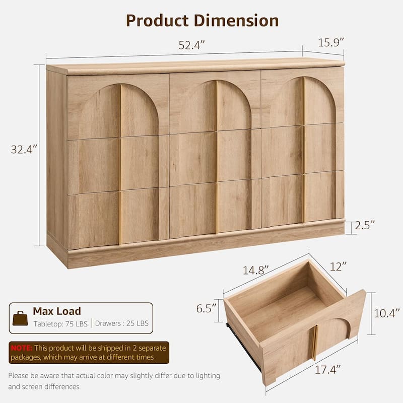 Modern Arched 9 Drawers Dresser, Wood Chest of Drawers for Living Room